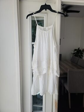mittoshop White Lace-Trim Spaghetti Strap Dress